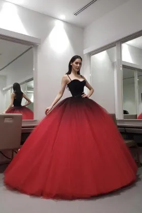 spaghetti strap black to red ombre tulle puff ball gown