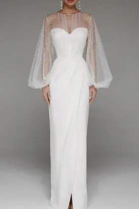 ivory satin pearled tulle sleeve sheath formal dress