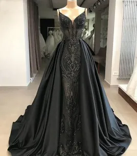 glamorous black sequin mermaid prom dress with overskirt