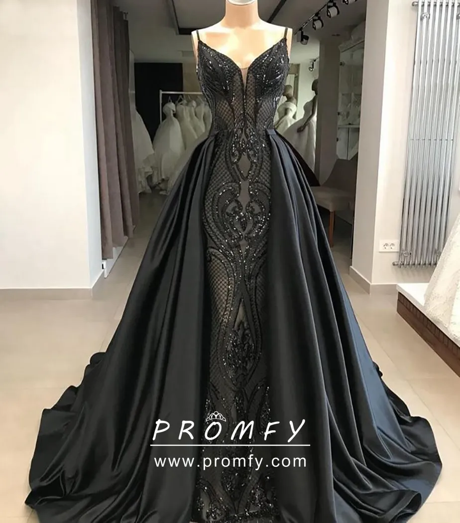 Glamorous Black Sequin Mermaid Prom Dress with Overskirt Promfy