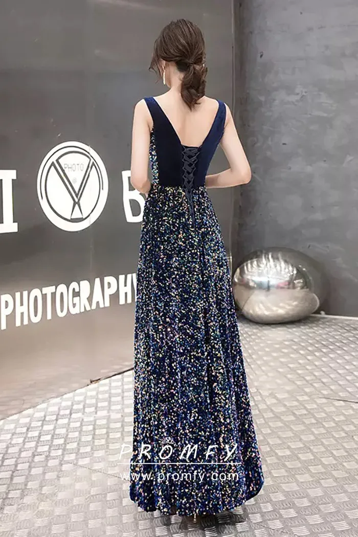 glitter navy blue a line prom dress glitter navy blue a line prom dress