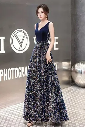 navy blue iridescent sequin a line formal evening dress