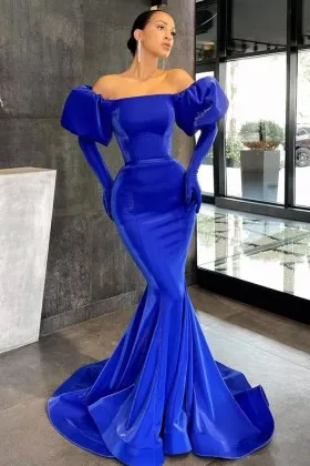Classy Royal Blue Off the shoulder Sleeve Mermaid Prom Dress