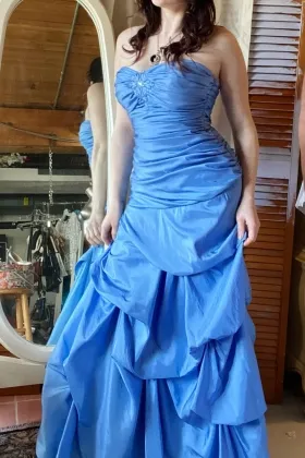 pleated and pick up blue taffeta strapless prom dress