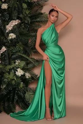 asmmetrical strapless green satin sheath slit prom dress