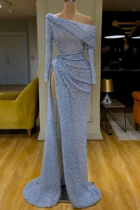 baby blue sequinned beaded asymmetrical slit prom dress