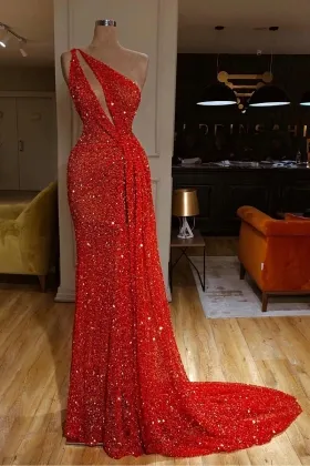 dazzling red beading one shoulder cut out prom evening dress