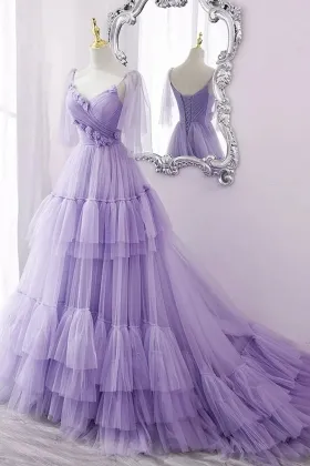 fairy lavender tulle tiered princess prom gown with 3d flowers