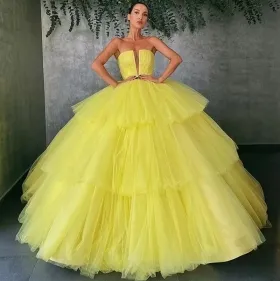 tiered layers yellow tulle strapless princess dance gown