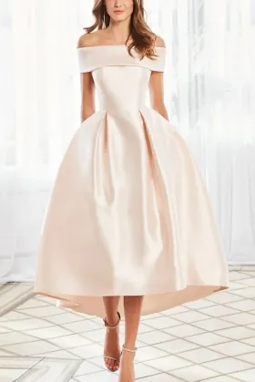 off shoulder champagne satin tea length reception dress
