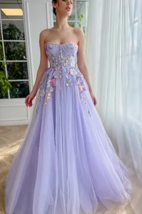 3d flower lace lavender tulle strapless a line prom gown
