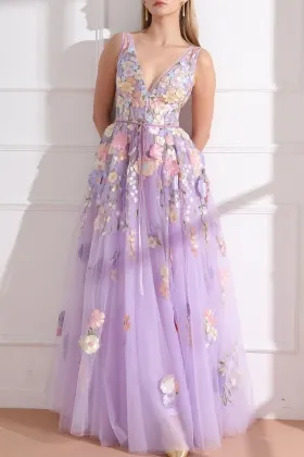 3d flower lace lilac tulle deep v neck prom dress
