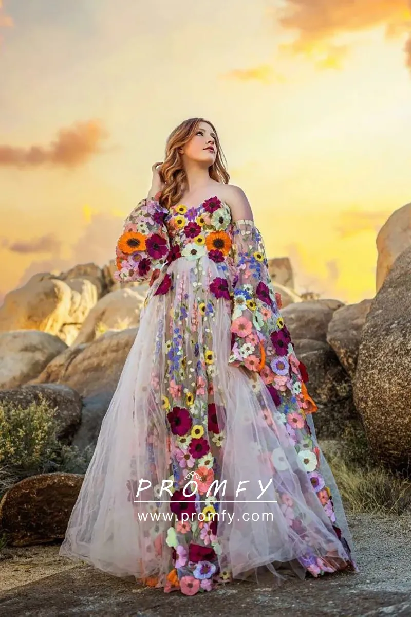 3D Floral Lace Removable Bell Sleeve Photoshoot Dress - Promfy