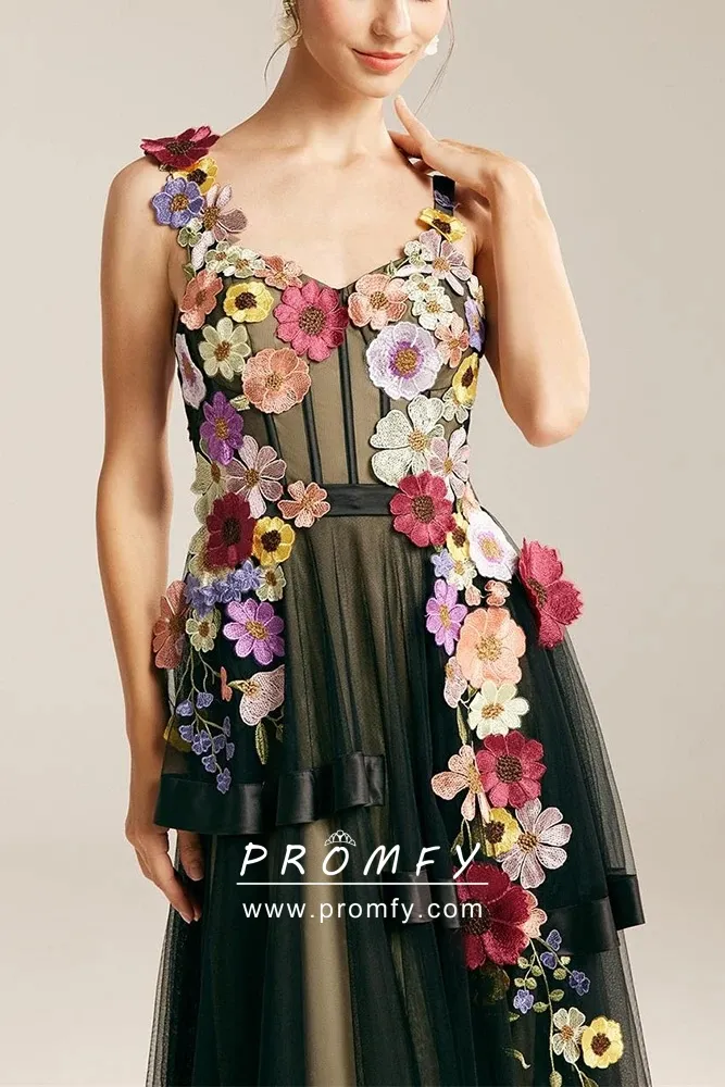 colorful 3d flower lace corset prom party gown