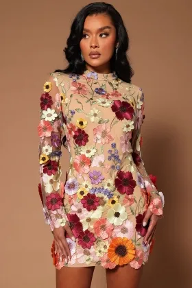 high neck 3d flower lace open back mini coktail dress