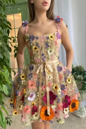 multi color 3d flower short homecoming dress with straps