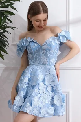 sky blue flower lace off shoulder short birthday dress
