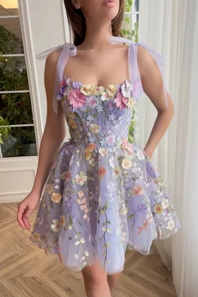 wisteria floral lace tie strap short homecoming dress