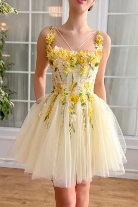 cute flower straps above knee puffy tulle party dress