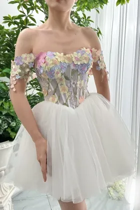 off shoulder corset fairy flower ivory tulle party dress