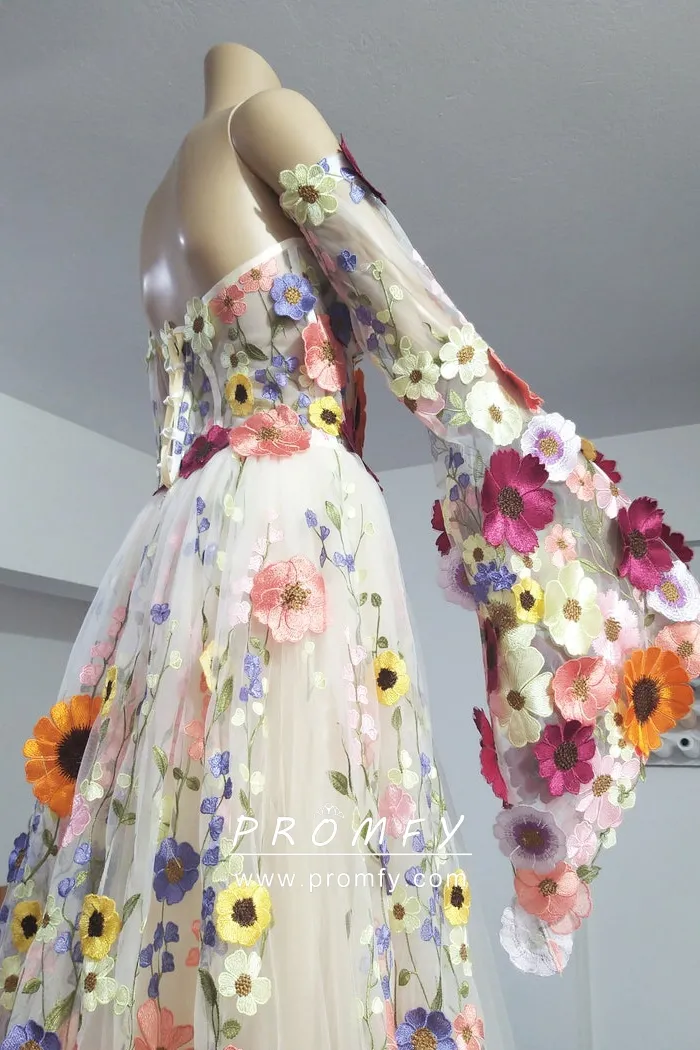 Multi-Color 3D Flower Lace Bell Sleeve Corset Prom Dress - Promfy