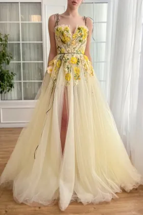 spaghetti straps yellow floral lace slit party dress