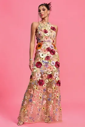 multi color floral overlay sleeveless sheer prom dress