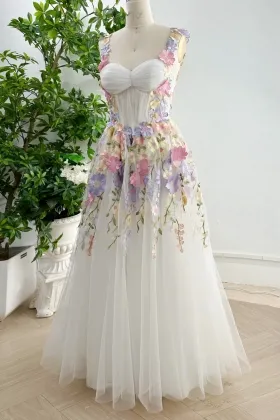 embroidery floral lace ivory tulle corset prom dress
