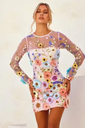 sexy illusion long sleeve foral lace mini cockail dress