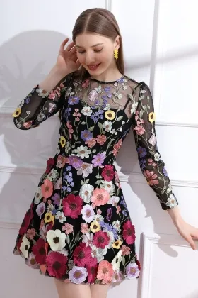 colorful floral lace long sleeve black cocktail dress