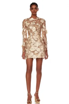 nude 3d flower lace illusion sleeves mini party dress