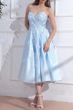 sky blue 3d lace satin strapless midi graduation dress