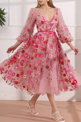 fuchsia floral lace v neck puff sleeves midi prom dress