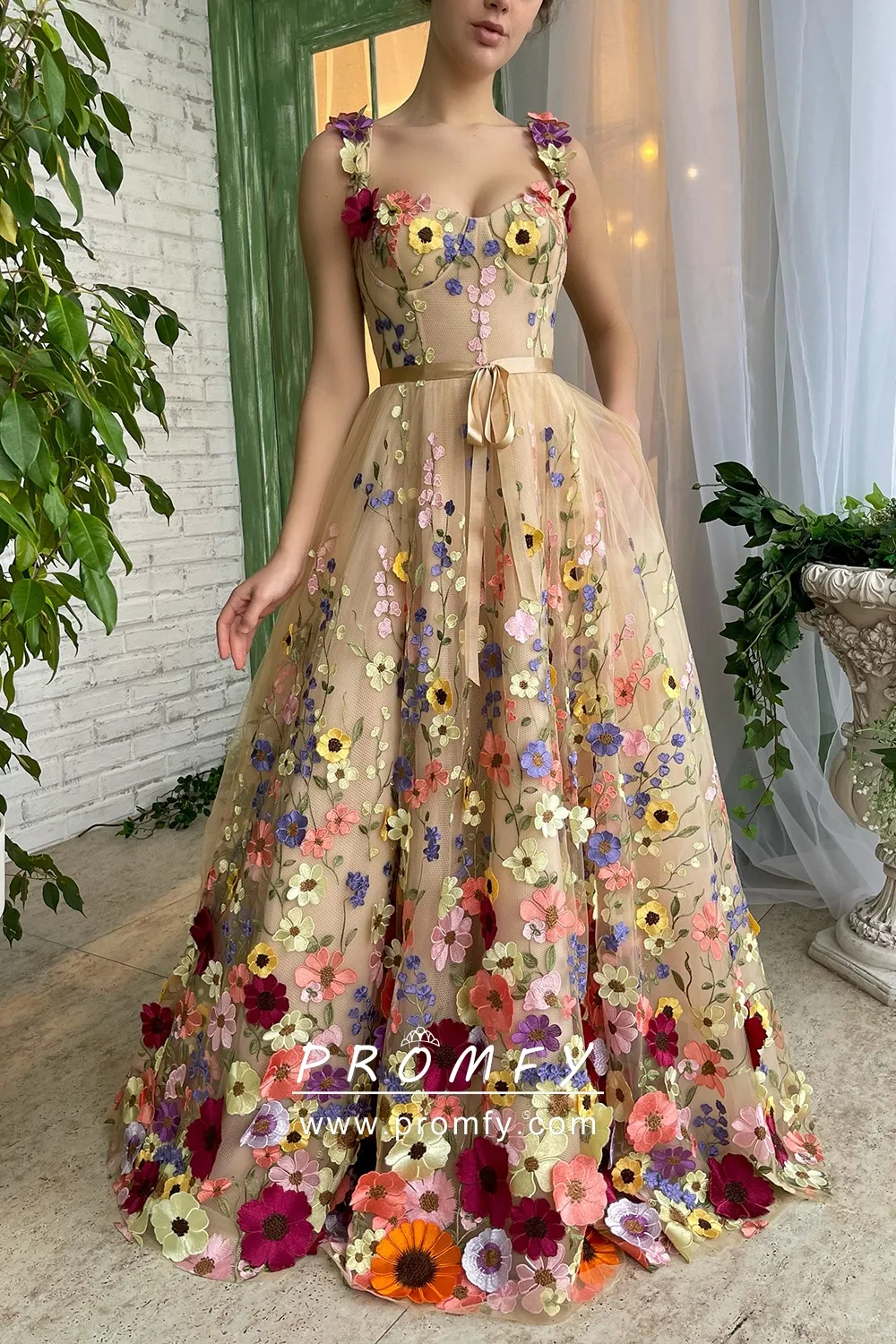 colorful sunflowers corset bodice prom dress with sash