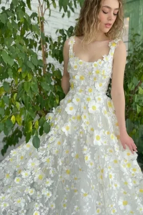 white and yellow daisy lace prom dress