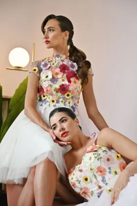 3d colorful flower high neck short bridal shower dress