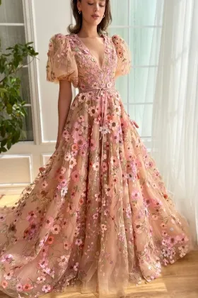 blush blooming flower lace puff sleeve v neck prom dress