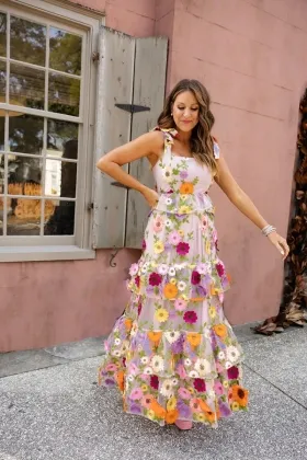 multi color 3d lace tie shoulder tiered maxi party dress
