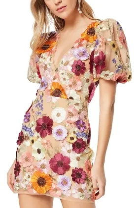 colorful flower v neck puff sleeve mini cocktail dress