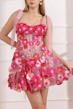 cute fuchsia 3d floral corset party gown