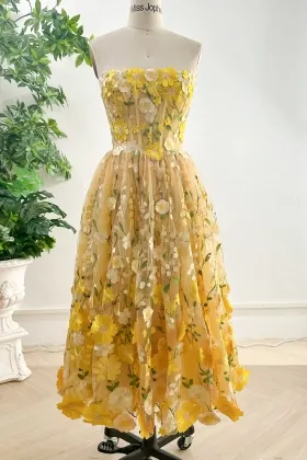yellow strapless corset flower lace midi birthday dress