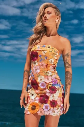 modern strapless 3d flower short bodycon hoco dress