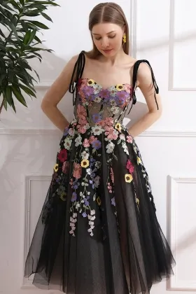 colorful floral lace tie straps corset black party dress