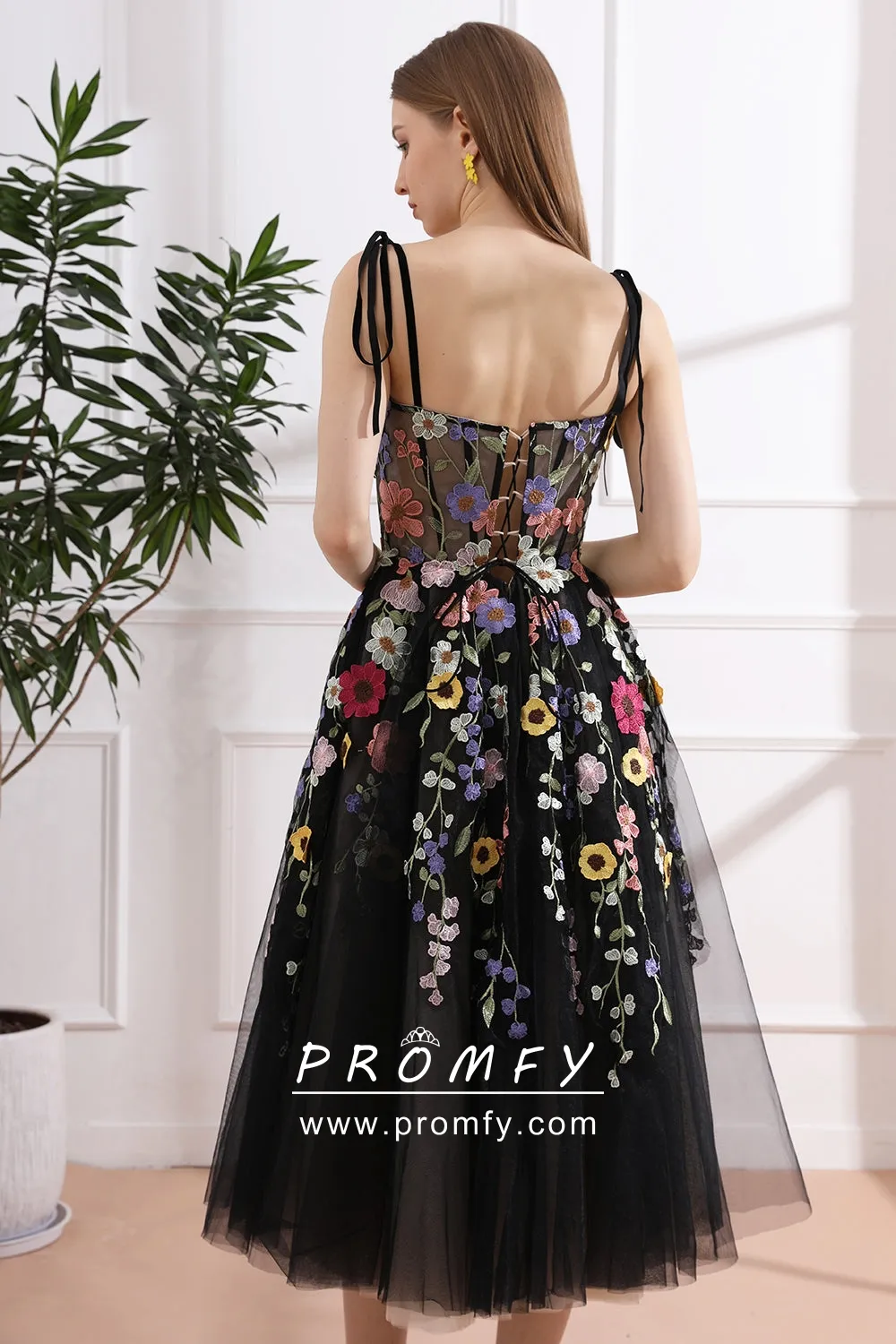 colorful floral lace tie straps corset black party dress