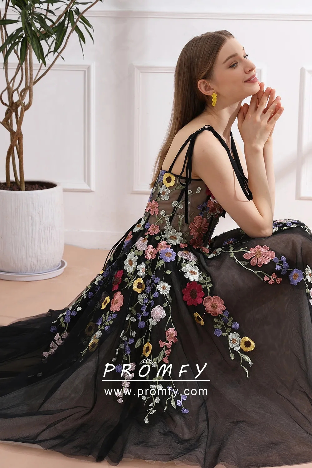 colorful floral lace tie straps corset black prom dress