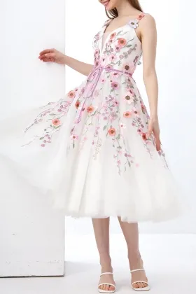 straps v neck pink floral midi ivory reception dress