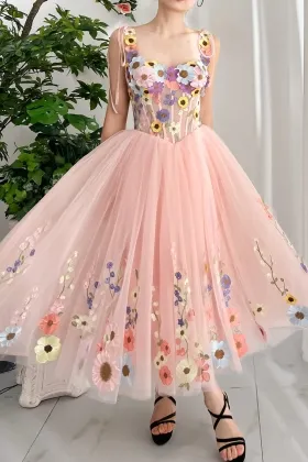 floral corset tie straps blush pink tulle birthday dress