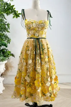 yellow 3d lace tie straps corset midi birthday dress