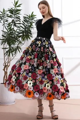 flutter sleeve v neck 3d lace black midi cocktail dress