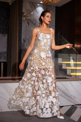 ivory 3d floral lace sheer overlay maxi evening party dress